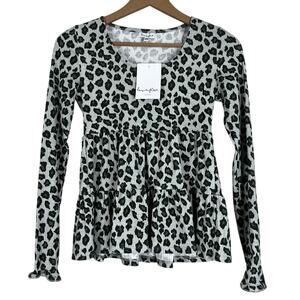 NWT Love Fire Blouse Womens XS Green Leopard Print Tiered Ruffle Coquette Indie